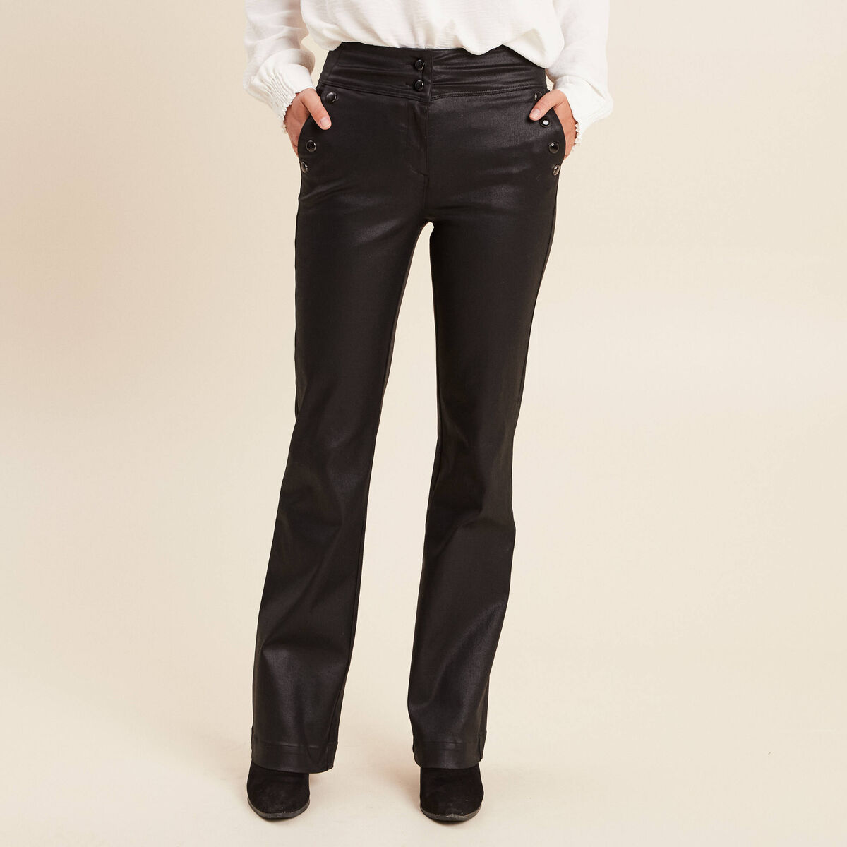 Pantalon bootcut enduit taille haute noir femme