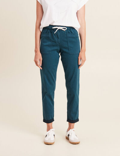 Pantalon coupe droite à coulisse bleu canard femme