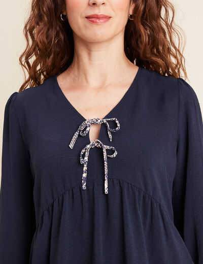 Blouse ample col tunisien manches 3/4 bleu marine femme