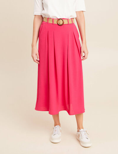 Jupe longue évasée ceinturée rouge corail femme