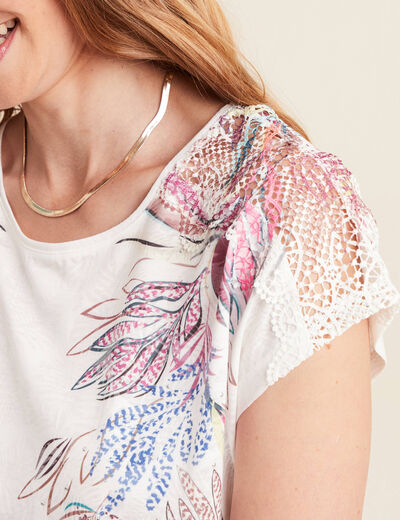 T-shirt col rond manches courtes ecru femme