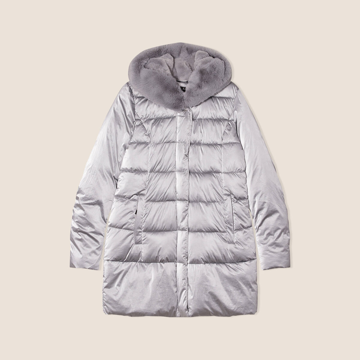 Doudoune droite &agrave; capuche gris clair femme