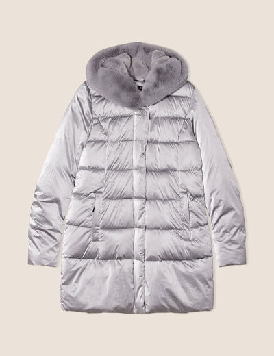 Doudoune droite &agrave; capuche gris clair femme