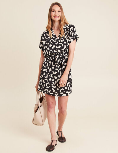 Robe droite courte col V manches courtes noir femme