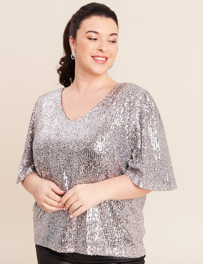 T-shirt &agrave; sequins manches coudes gris argent femme