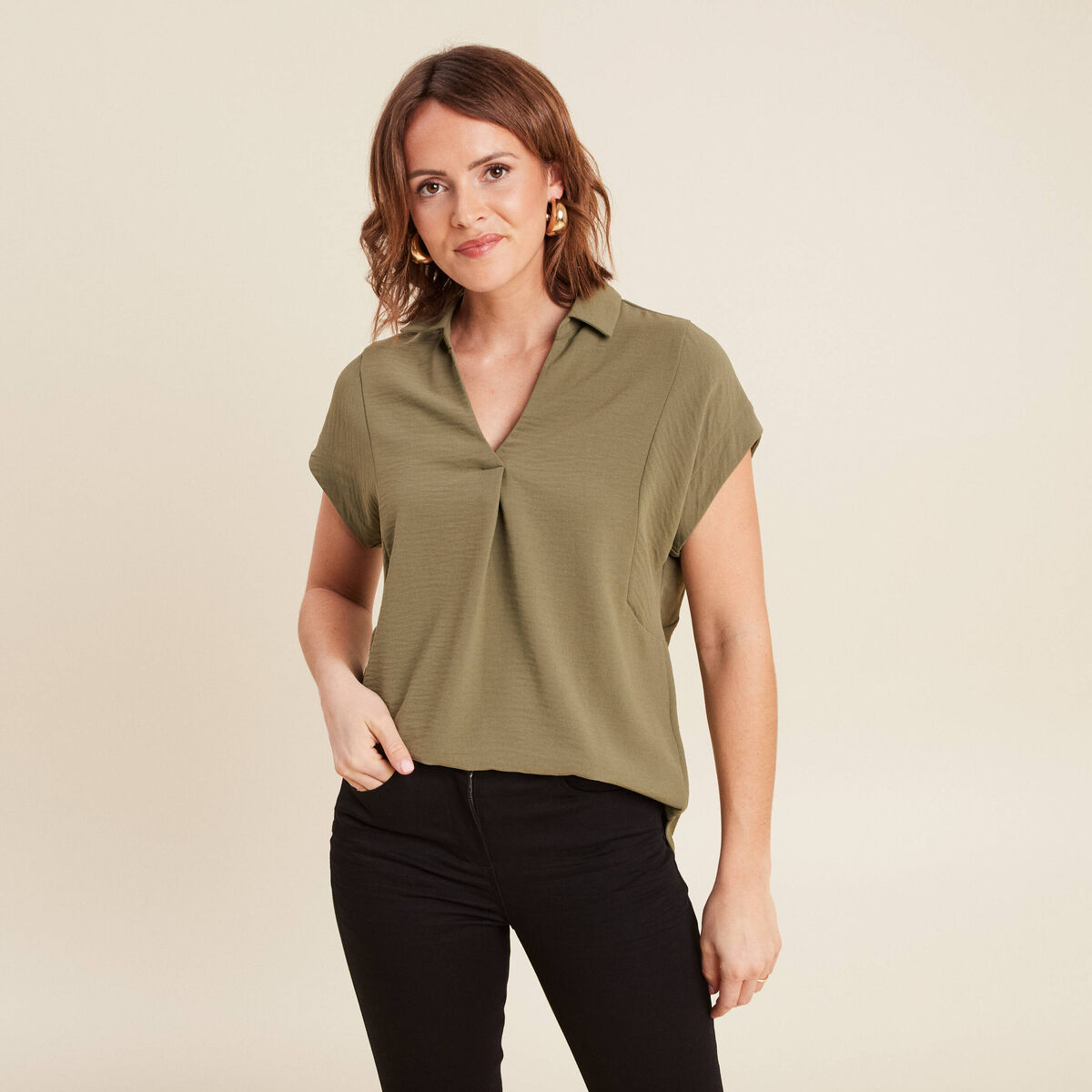 Blouse manches courtes vert kaki femme