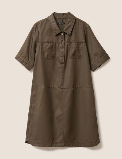 Robe droite courte enduite col chemise vert kaki femme