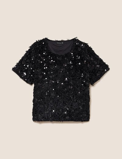 T-shirt &agrave; sequins manches courtes noir femme