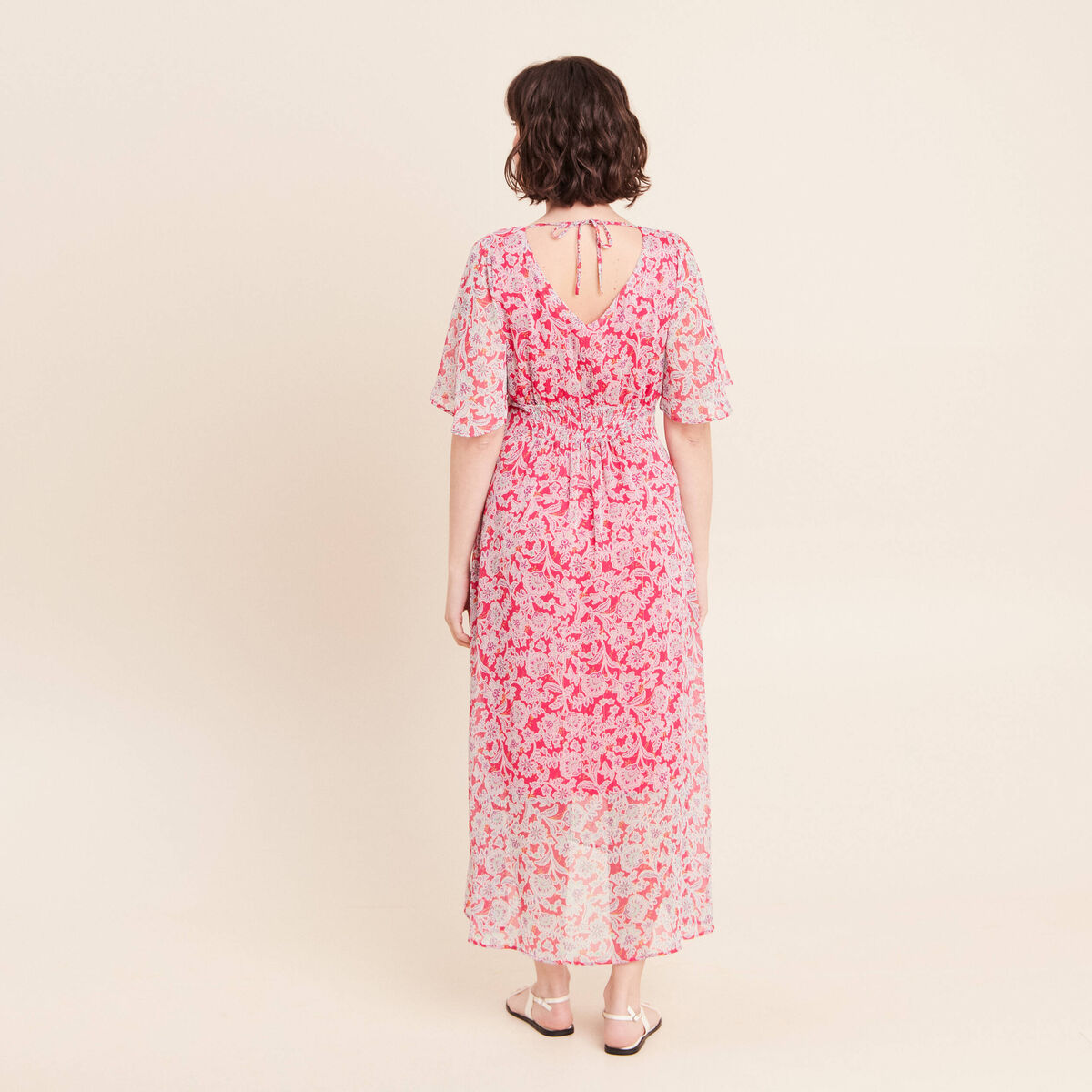 Robe longue &eacute;vas&eacute;e col v manches coudes rose femme