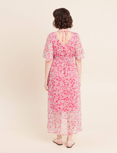 Robe longue &eacute;vas&eacute;e col v manches coudes rose femme