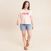 T-shirt col rond manches courtes rose poudr&eacute;e femme