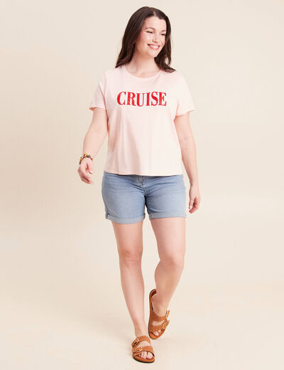 T-shirt col rond manches courtes rose poudr&eacute;e femme
