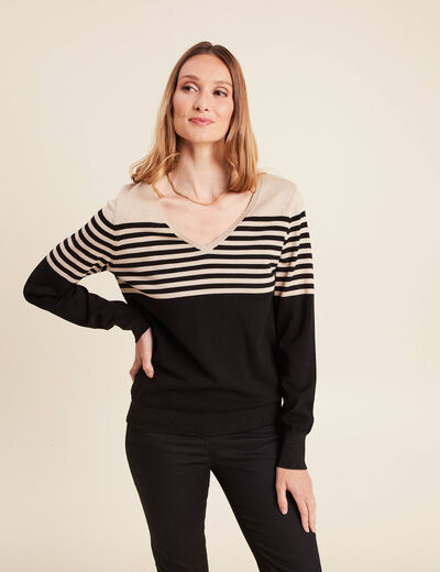 Pull ajusté col en V noir femme
