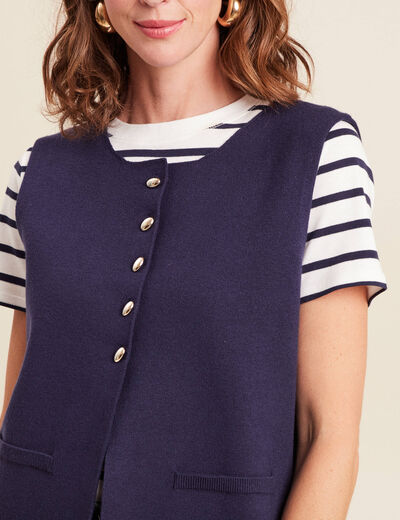 gilet droit court sans manches col rond bleu marine femme
