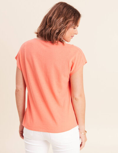 T-shirt col v manches courtes aspect lin orange fluo femme