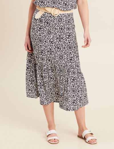 Jupe midi droite satin bleu marine femme