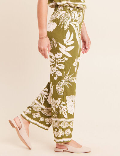 Pantalon large 7/8&egrave;me taille haute vert kaki femme
