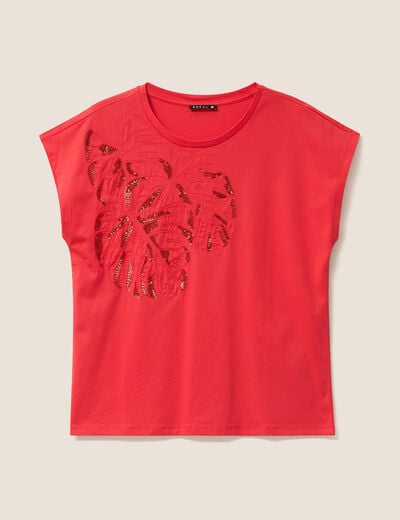 T-shirt &agrave; sequins manches courtes rouge femme