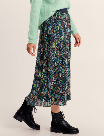 Jupe longue droite plissée bleu marine femme