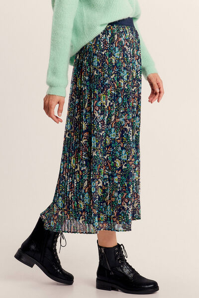 Jupe longue droite plissée bleu marine femme