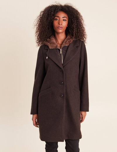 Manteau ajust&eacute; capuche amovible marron fonc&eacute; femme