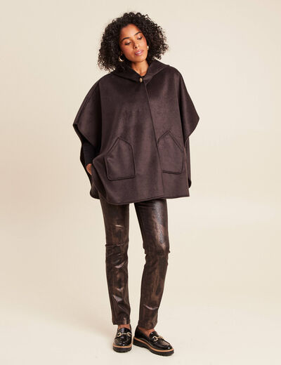 Pantalon taille bascul&eacute;e enduit marron fonc&eacute; femme