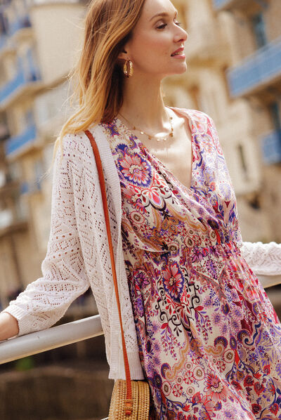 Gilet boutonné ajouré ecru femme
