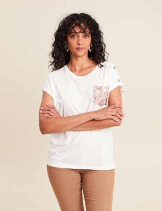 T-shirt col rond manches courtes ecru femme
