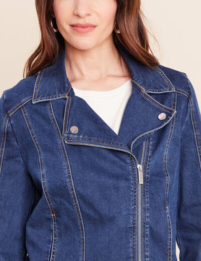 Veste ajust&eacute;e en jean col biker denim stone femme