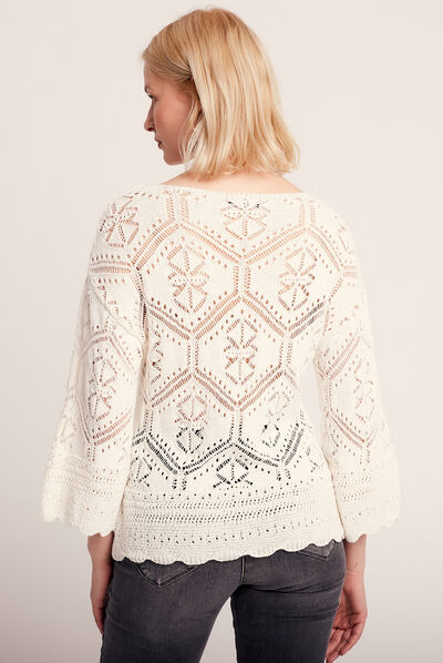 Pull manches 3/4 ajouré ecru femme
