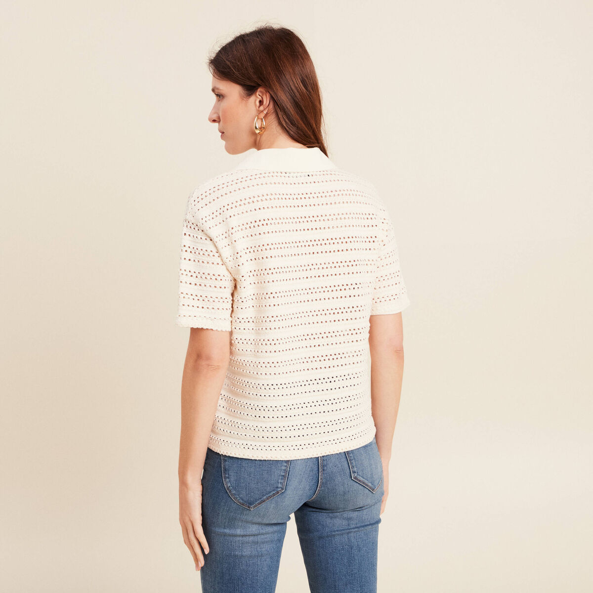 T-shirt ample macramé manches courtes ecru femme