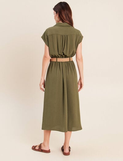 Robe patineuse 3/4 col chemise vert kaki femme