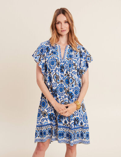Robe évasée col tunisien bleu femme