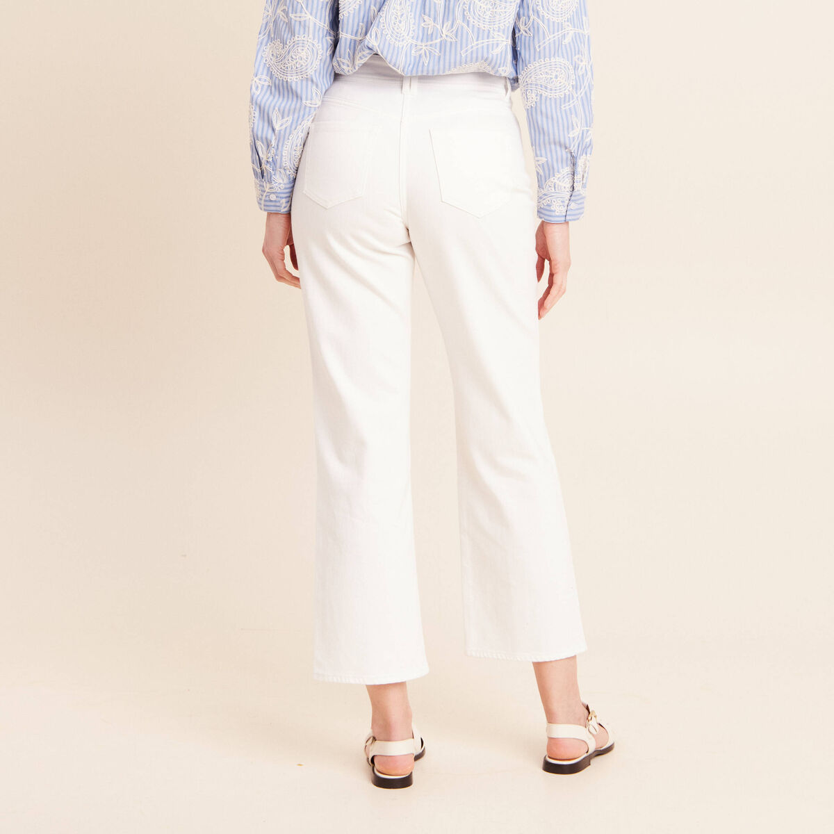 Jean coupe large 7/8&egrave;me taille haute blanc femme