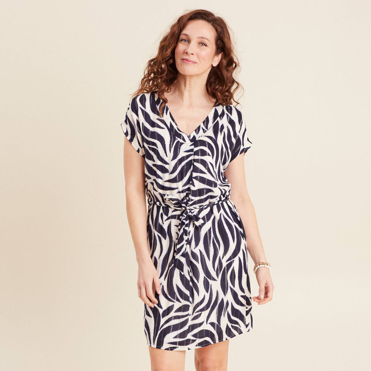 Robe droite fluide col en V bleu foncé femme