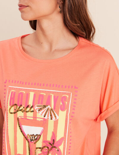 T-shirt col rond manches courtes sequins orange fluo femme