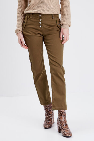 Pantalon droit boutonné vert olive femme