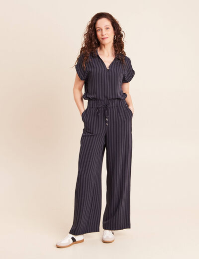 Pantalon large taille haute bleu femme