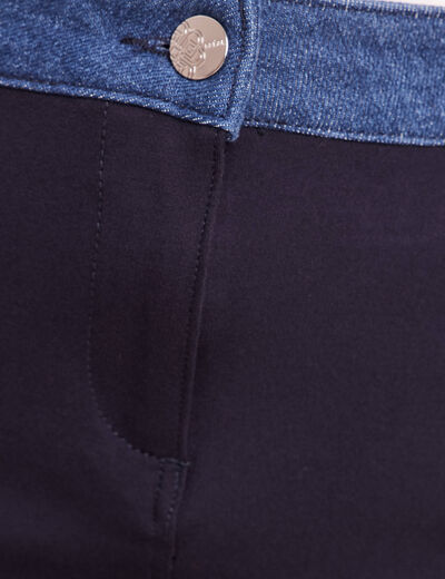 Jupe droite bi-mati&egrave;re bleu fonc&eacute; femme
