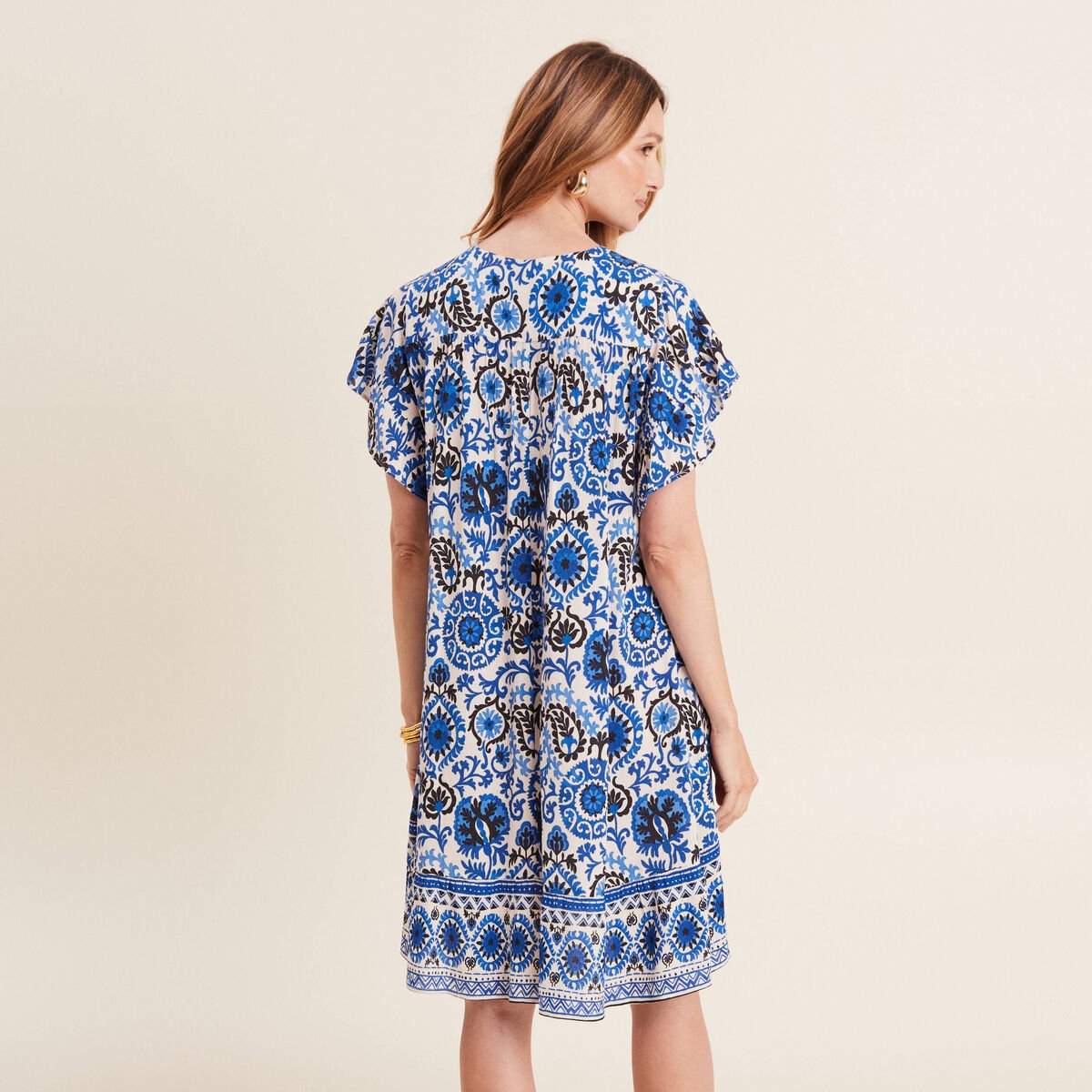 Robe évasée col tunisien bleu femme