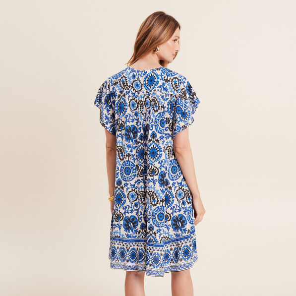Robe évasée col tunisien bleu femme