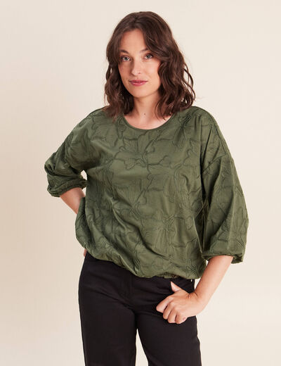 Blouse col rond manches 3/4 bas resserr&eacute; vert kaki femme