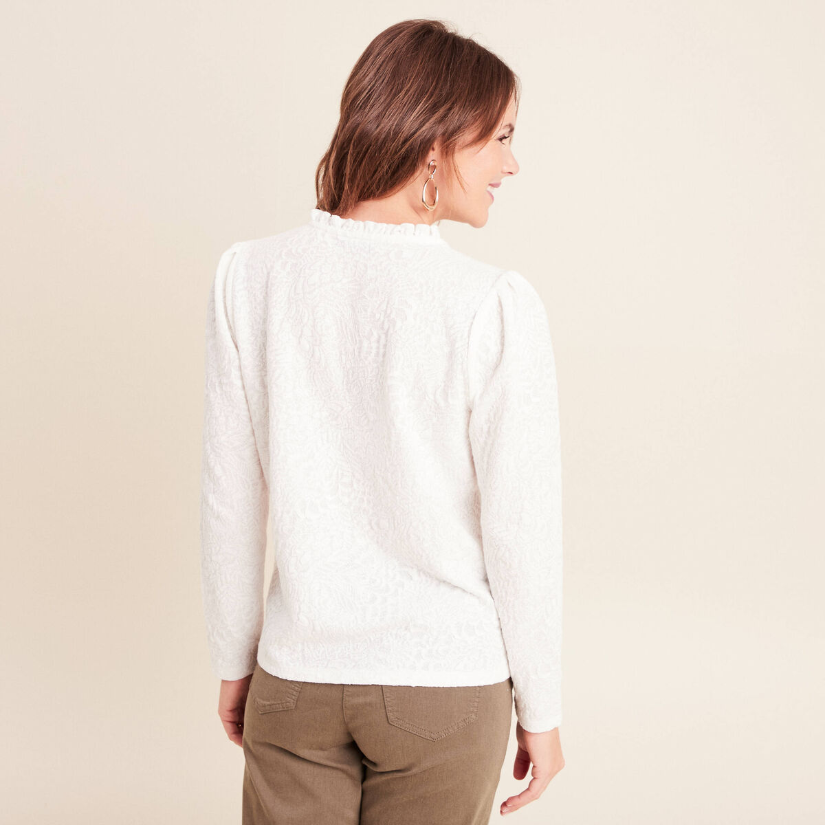Blouse col rond nou&eacute; manches longues ecru femme