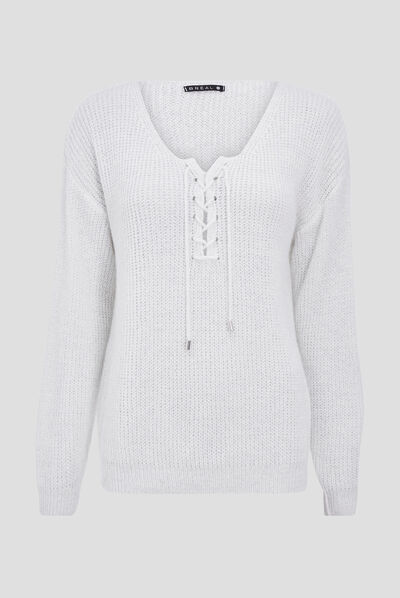 Pull à lacets sur le devant ecru femme