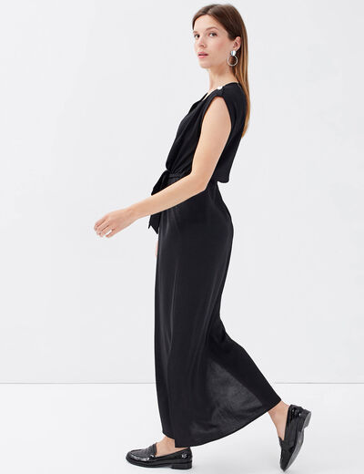 Robe longue droite ceinturée noir femme