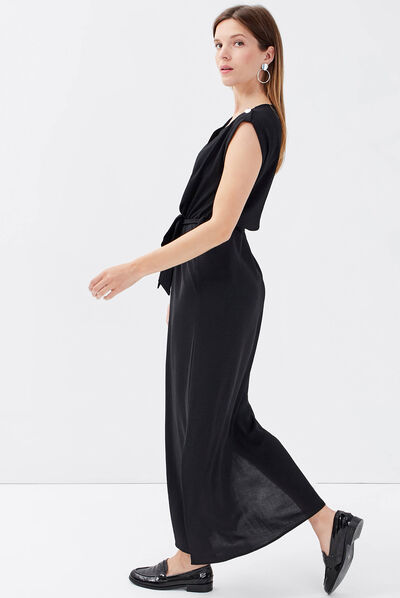Robe longue droite ceinturée noir femme