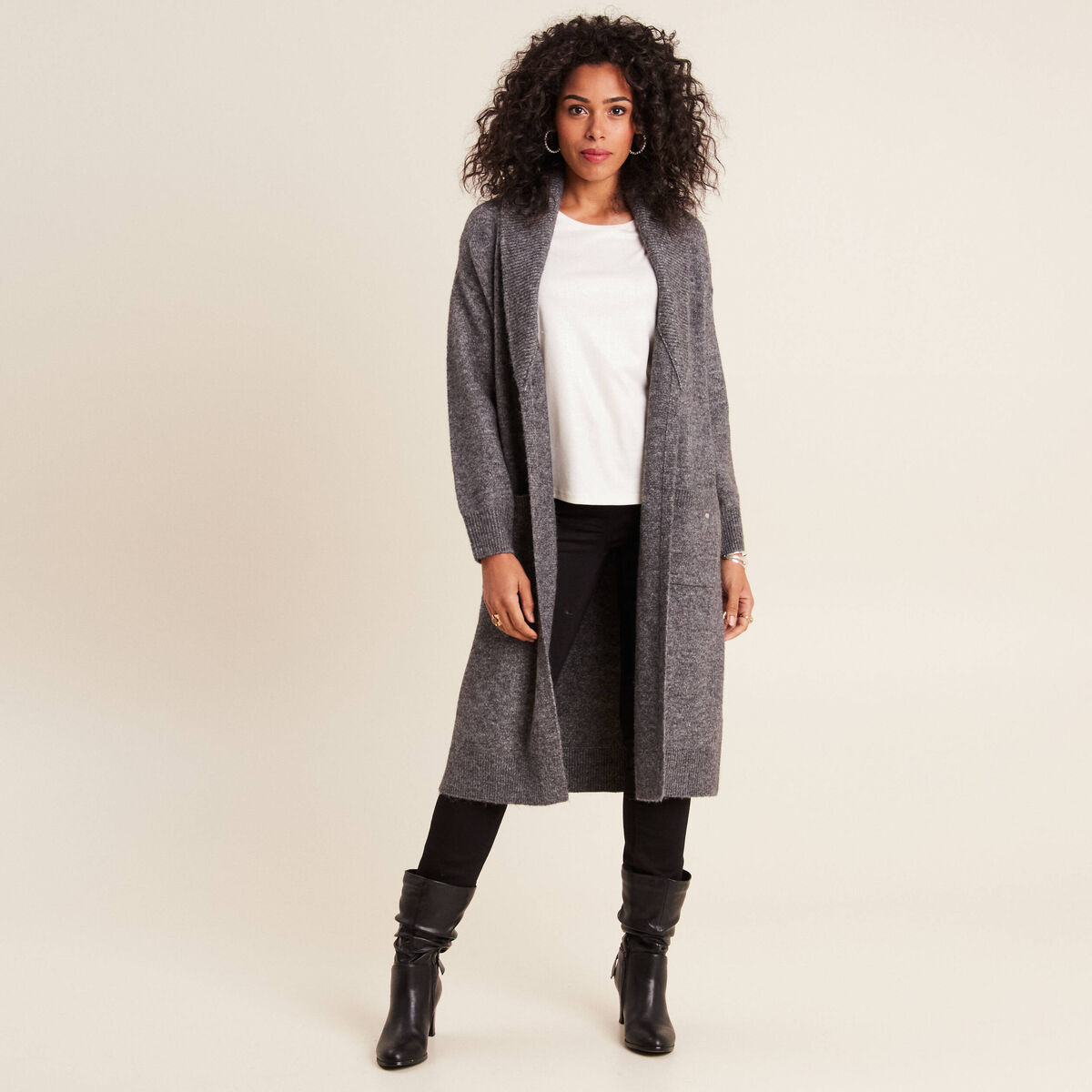 Gilet long manches longues gris foncé femme