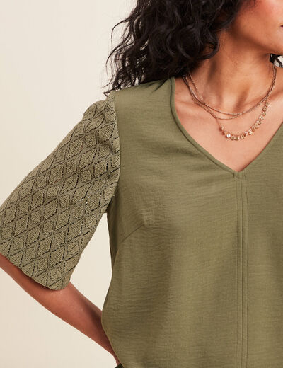 Blouse manches 3/4 vert kaki femme