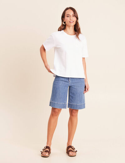 T-shirt col rond manches courtes sequins blanc femme