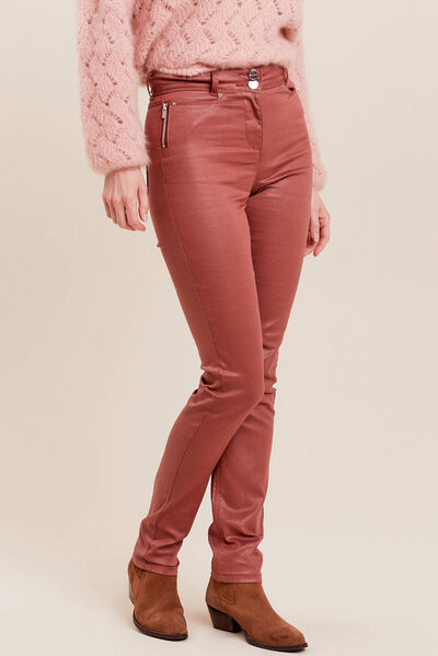 Pantalon ajusté enduit marron cognac femme